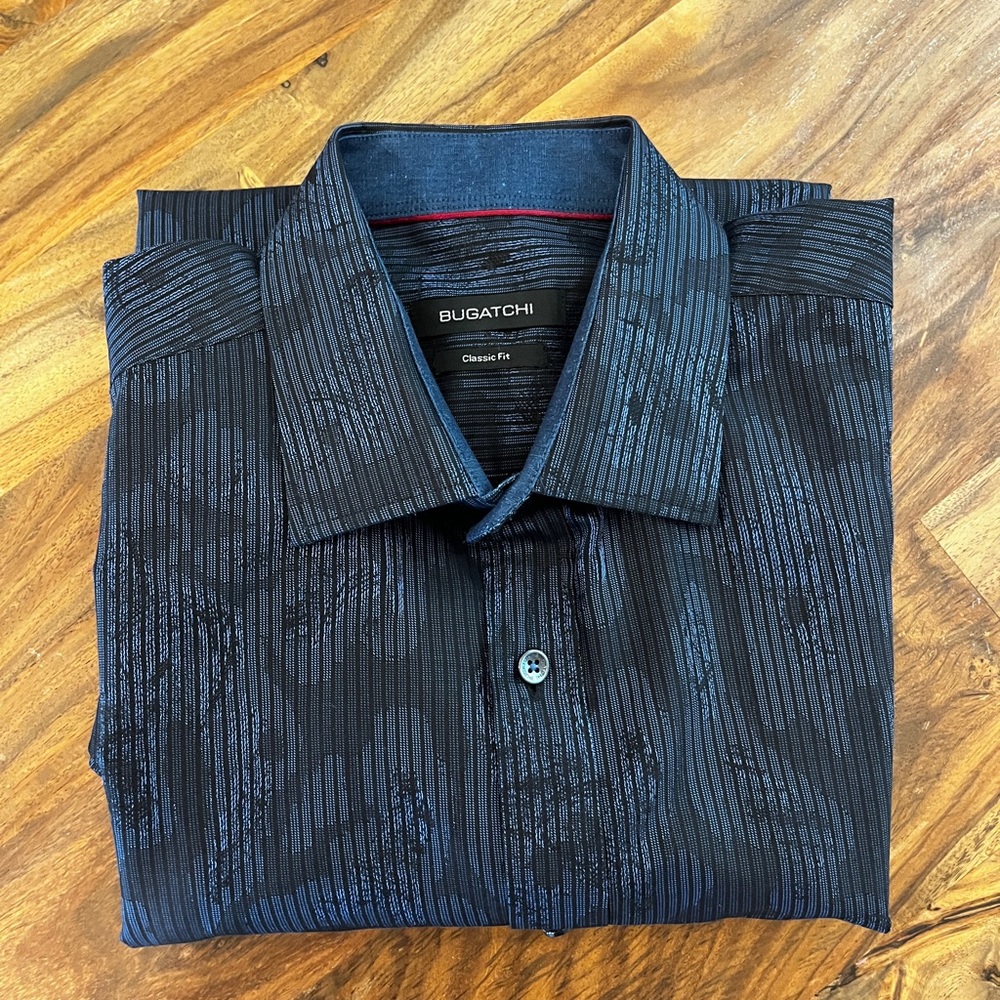 Bugatchi Mens Shaped Fit Blue Floral & Stripes 100% Cotton Dress Shirt Size M